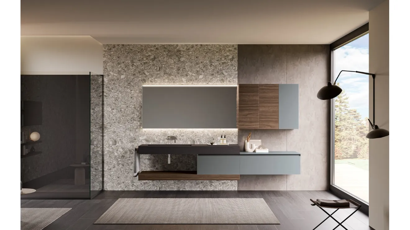 Mobile da Bagno sospeso Airy Edge 02 in laccato Granito con top in Gres Ardesia Nero di RCR