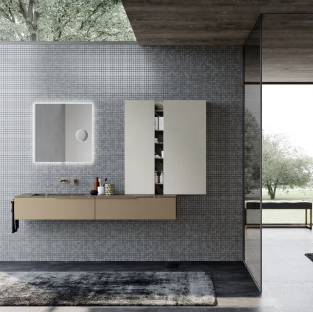 Mobile da Bagno sospeso M1 System 121 in laccato metallizzato e melaminico pelle per i pensili di Baxar