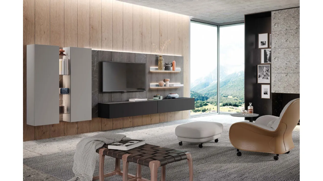 Parete Attrezzata Skyline Landscape & Feelings in laccato e Rovere grigio di Astor Mobili