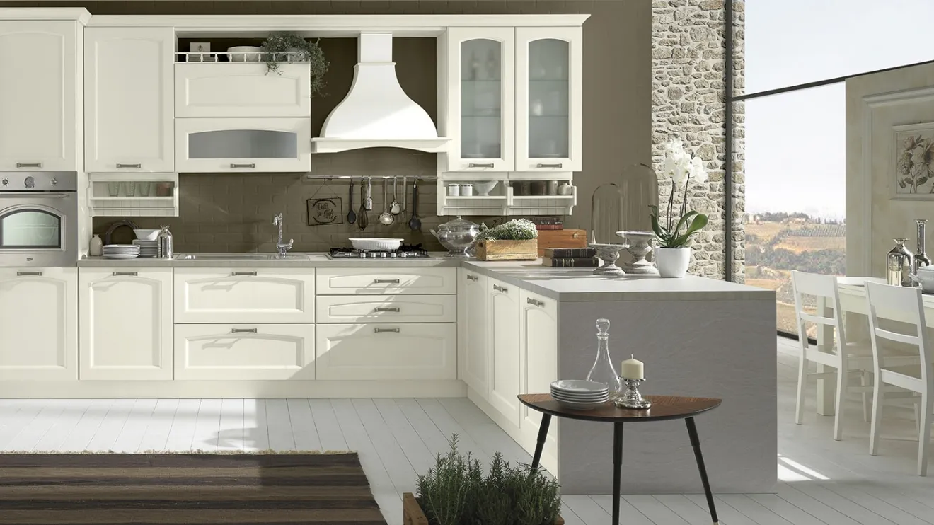 Cucina Classica con penisola Memory Bianco in legno laccato di Evo Cucine