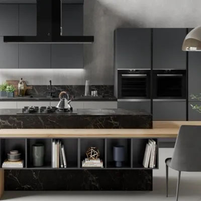 Cucina Moderna con isola Diva in Pet finitura Ghiaccio opaco e Antracite opaco di Evo Cucine