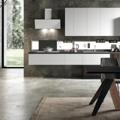 Cucina Moderna lineare Eos in Glass Bianco opaco e HPL Alevè Noce di Evo Cucine