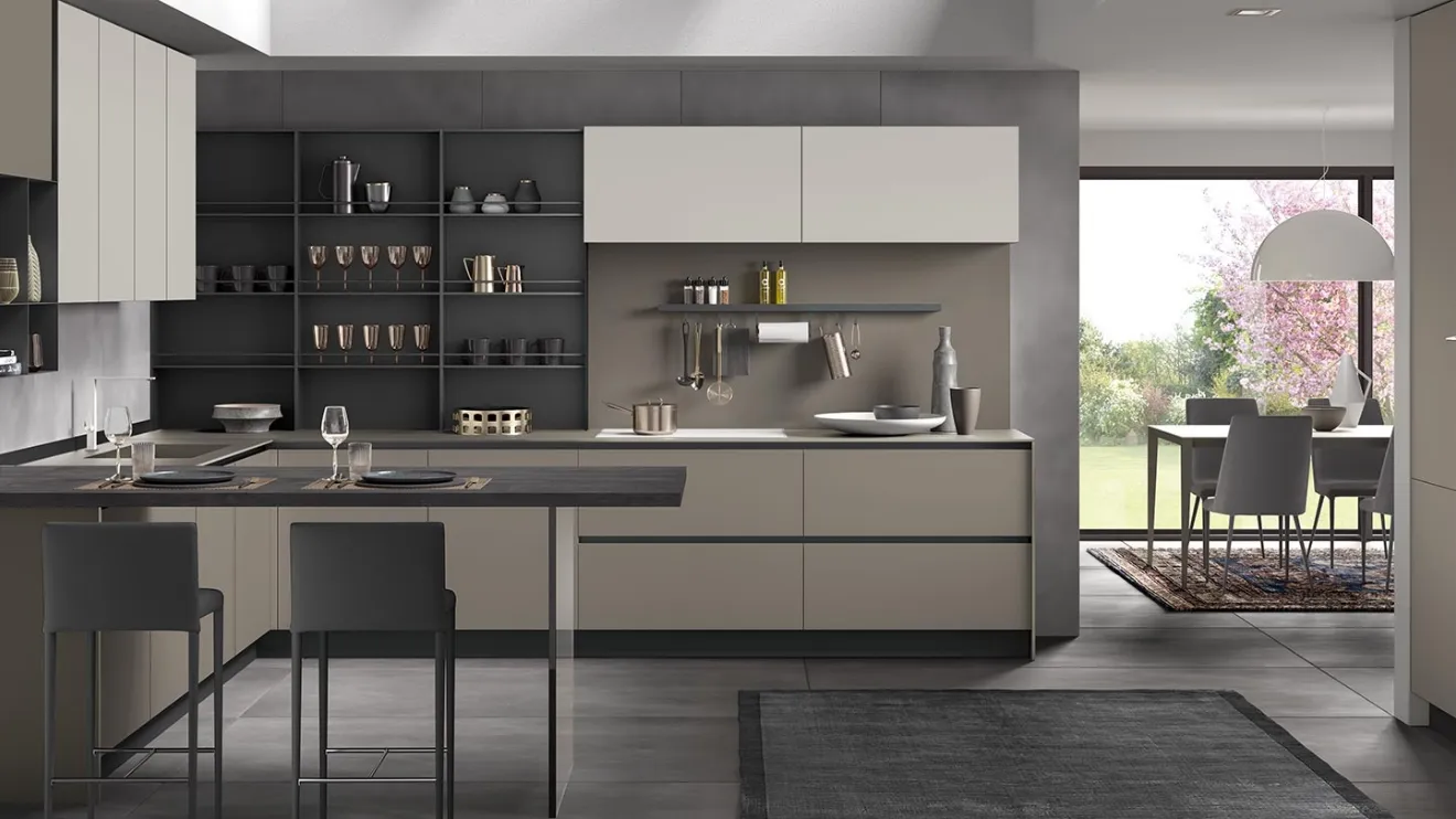 Cucina Moderna con penisola Eos in Fenix Grigio Efeso e Fenix Grigio Londra di Evo Cucine