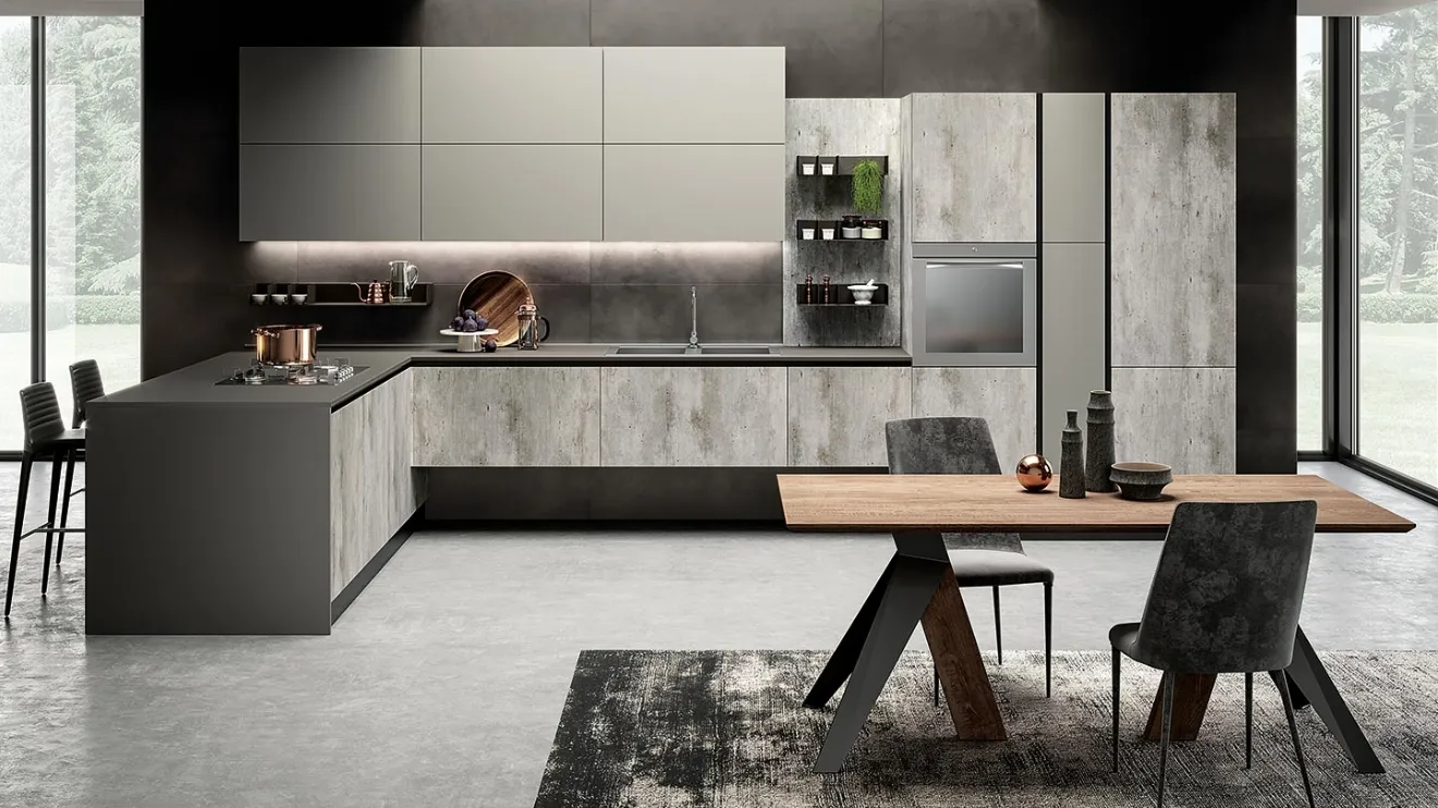 Cucina Moderna con penisola Eos in HPL Papier Cemento e Glass Tortora di Evo Cucine