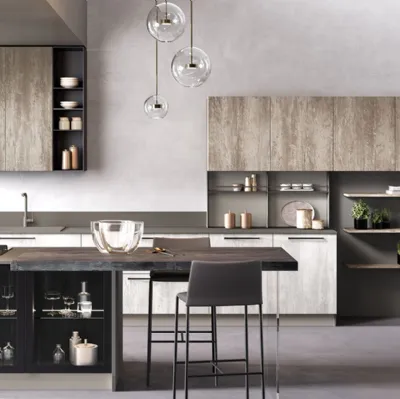 Cucina Moderna con penisola Futura in melaminico finitura Pietra Bianco e Pietra Brunito di Evo Cucine