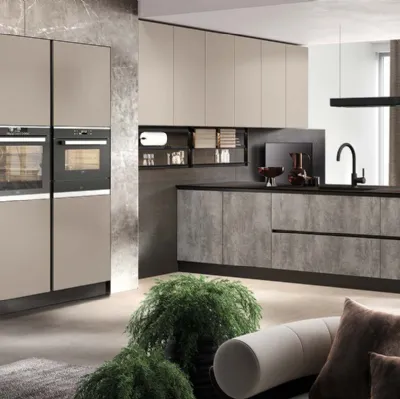 Cucina Moderna con penisola Futura in melaminico finitura Pietra Grigio e Fango opaco di Evo Cucine