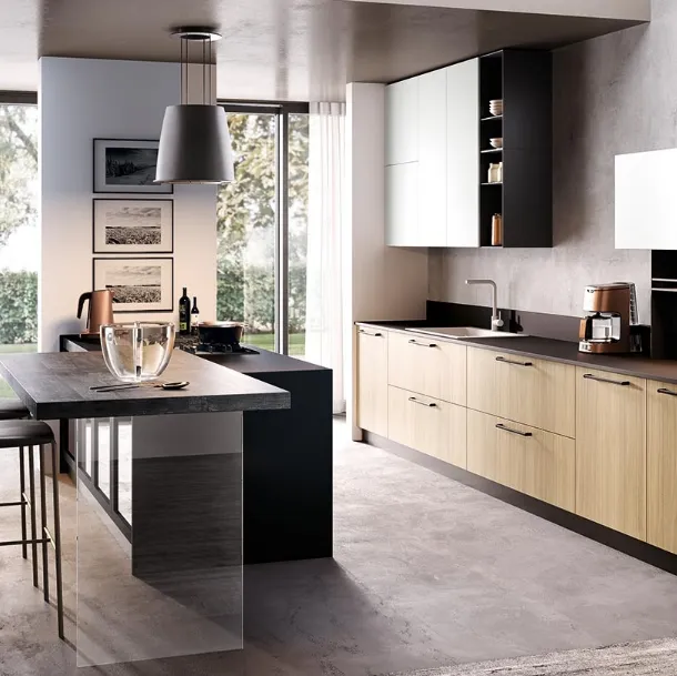 Cucina Moderna con penisola Futura in melaminico finitura Rovere Miele e Seta Bianco opaco di Evo Cucine