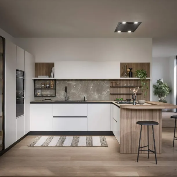 Cucina Moderna laccata lucida con penisola Luce Composizione 01 di Prima Cucine