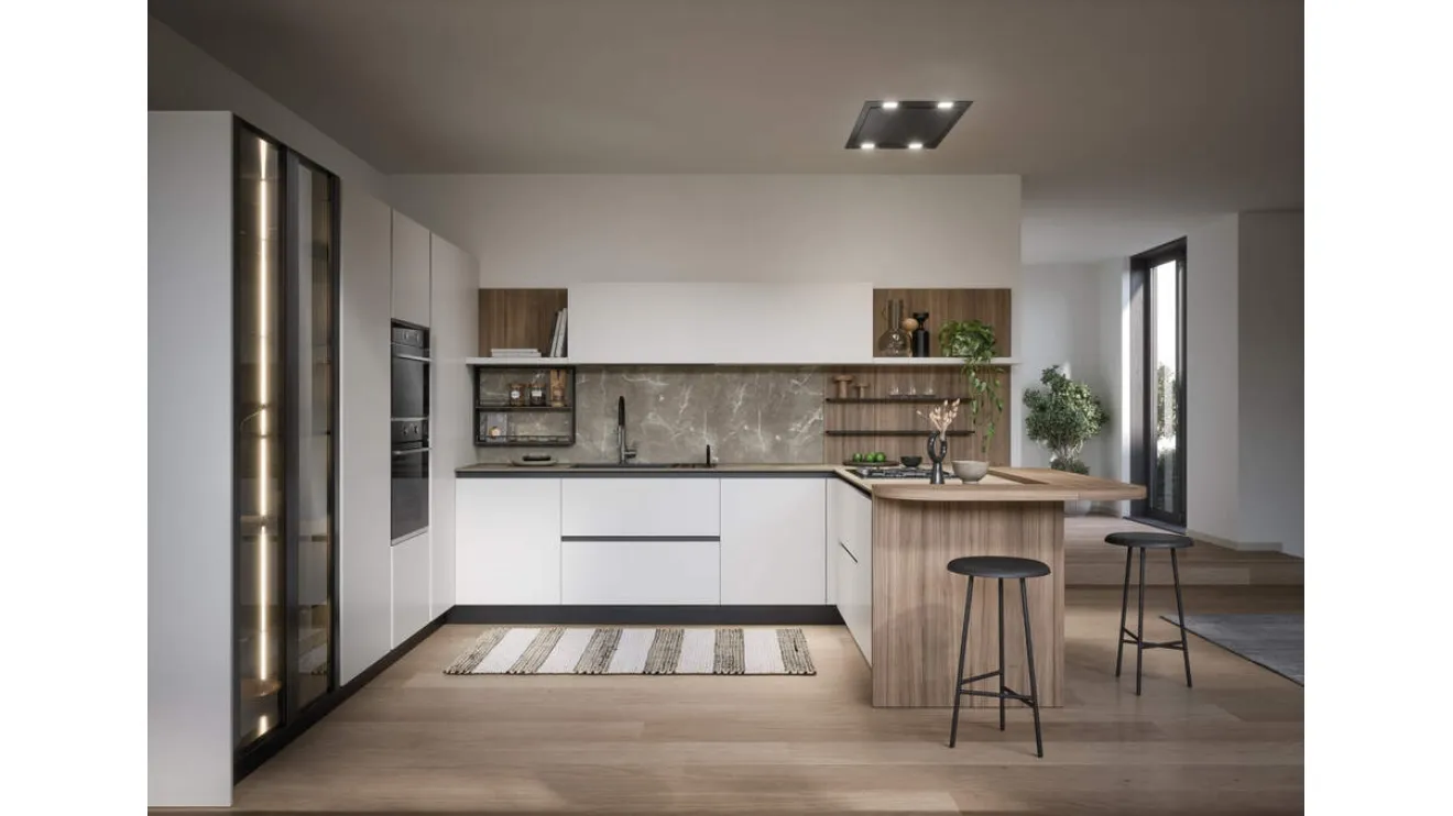 Cucina Moderna laccata lucida con penisola Luce Composizione 01 di Prima Cucine