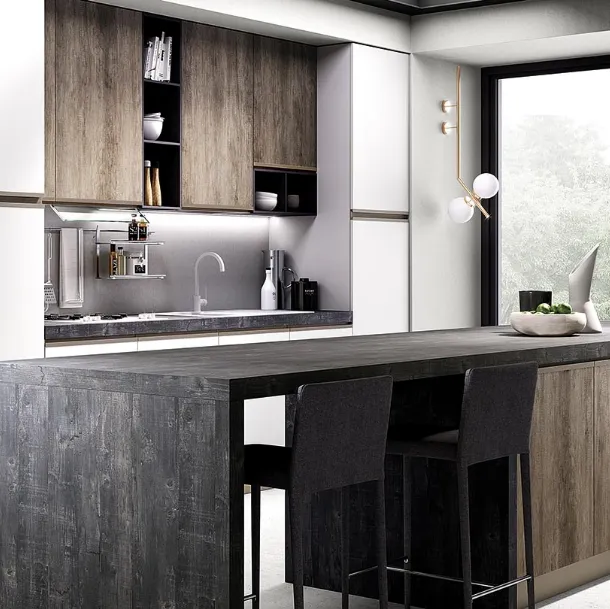 Cucina Moderna con isola Maia in melaminico finitura Legno naturale e Bianco opaco di Evo Cucine