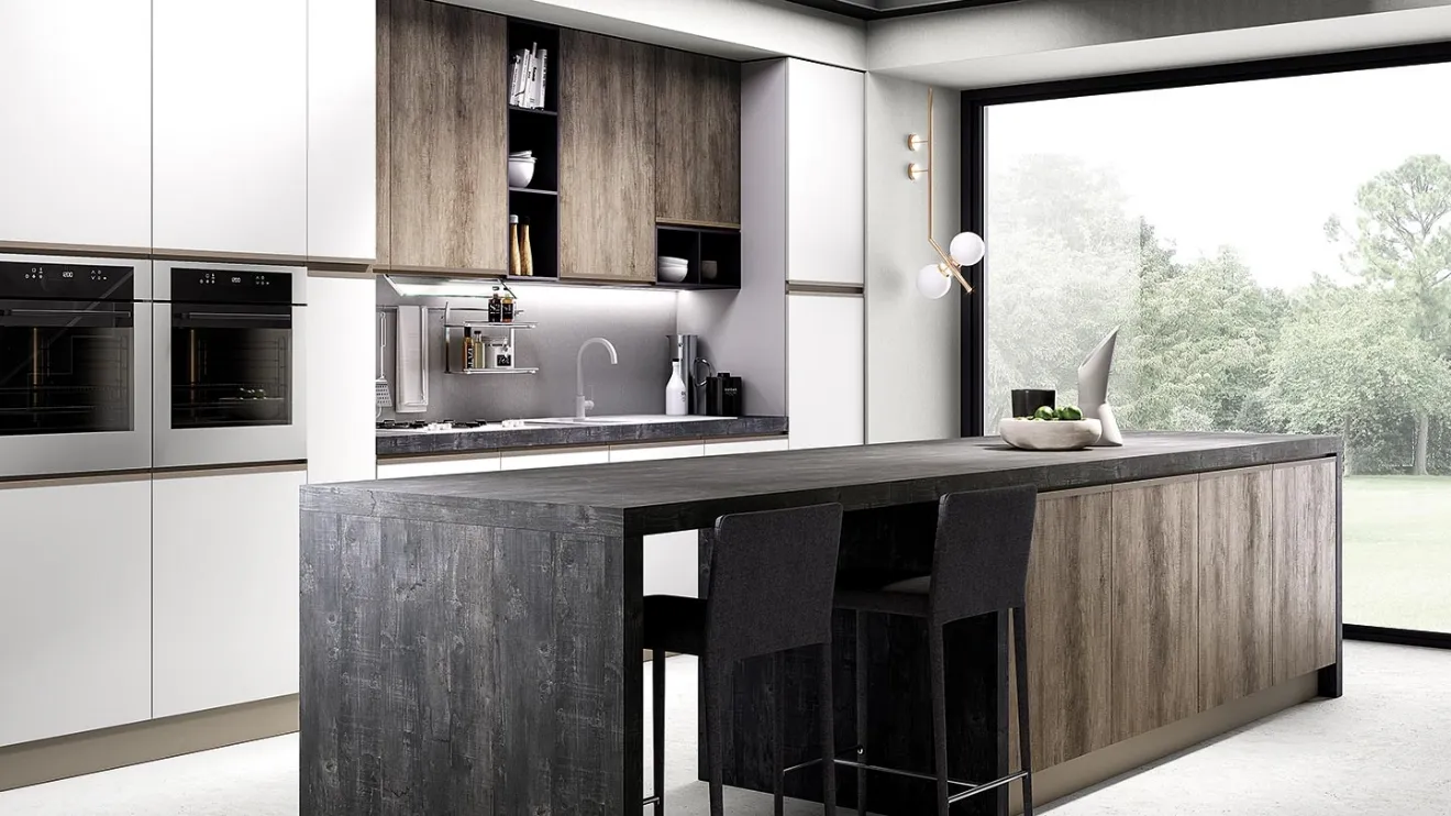 Cucina Moderna con isola Maia in melaminico finitura Legno naturale e Bianco opaco di Evo Cucine