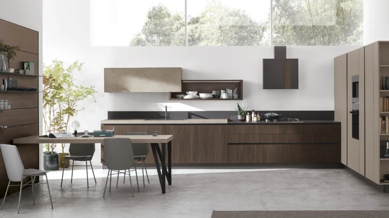 Cucina Moderna ad angolo Infinity v01 in Termo Strutturato Rovere Cumino e Graniglia di Stosa