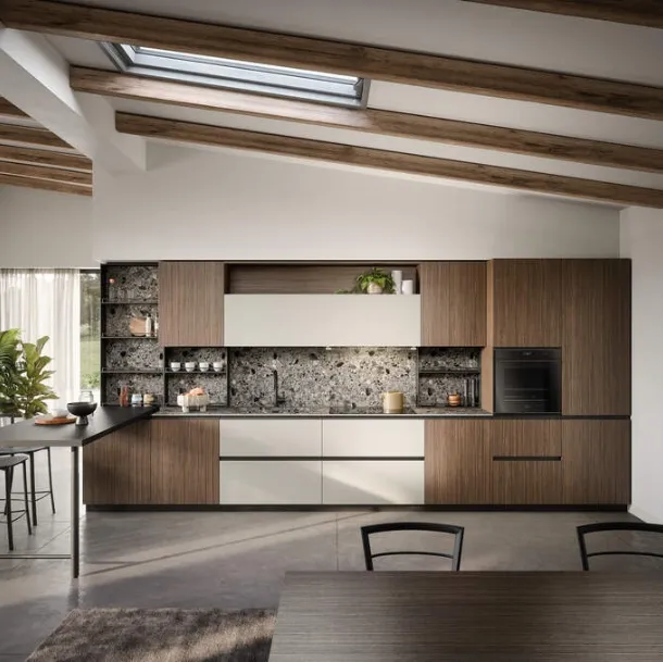 Cucina Moderna lineare con penisola Zoe Composizione 06 in melaminico noce e HPL canapa di Prima Cucine