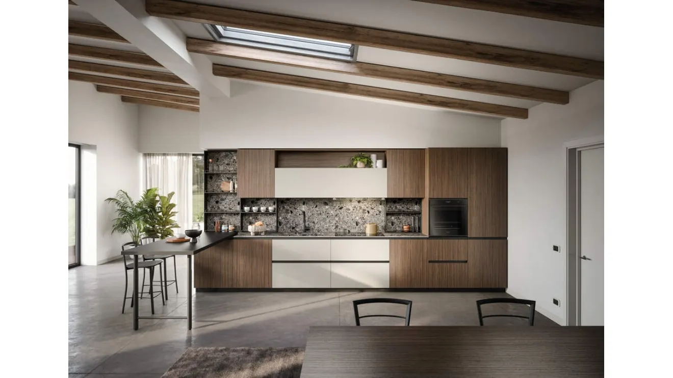 Cucina Moderna lineare con penisola Zoe Composizione 06 in melaminico noce e HPL canapa di Prima Cucine