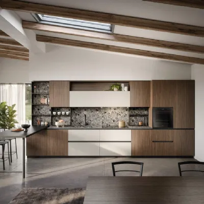 Cucina Moderna lineare con penisola Zoe Composizione 06 in melaminico noce e HPL canapa di Prima Cucine